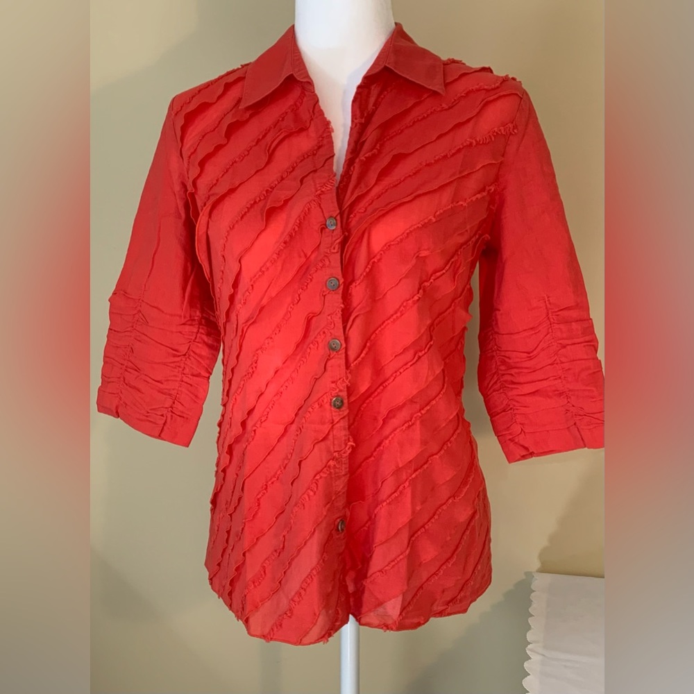 EUC* Top: Fun Diagonal Fringe, Button Down, Ruched 2/3-Sleeves
